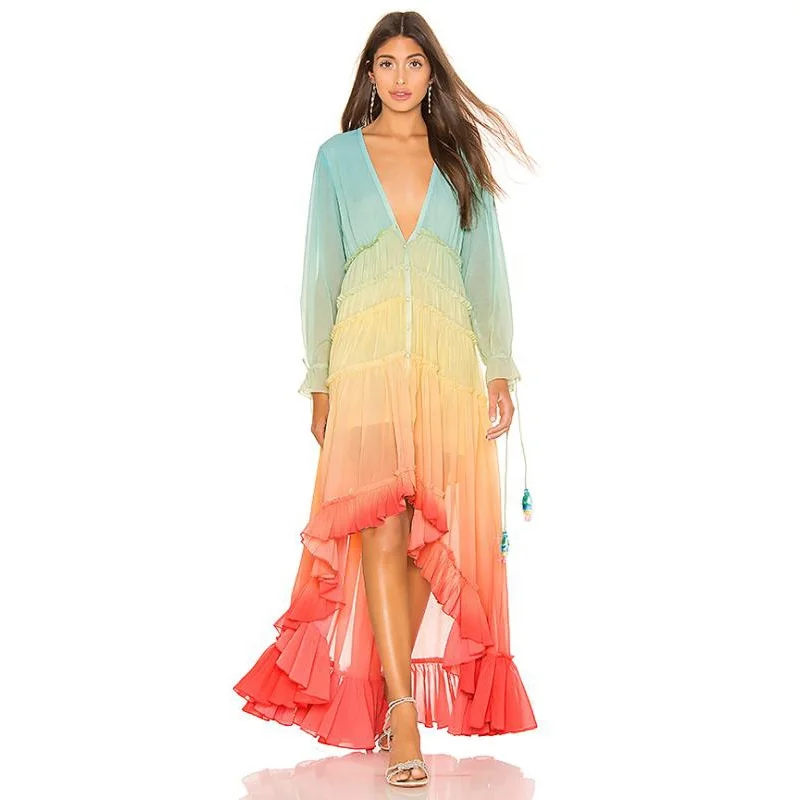 Women ruffles sweet vestidos rainbow print summer bohemian dress holiday long beach dress bohemian beach maxi dresses
