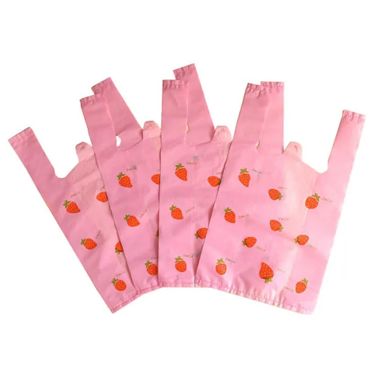 Cute pink vest strawberry plastic bag Shopping clothing Carrying takeaway packaging bags Accessories Gift bag