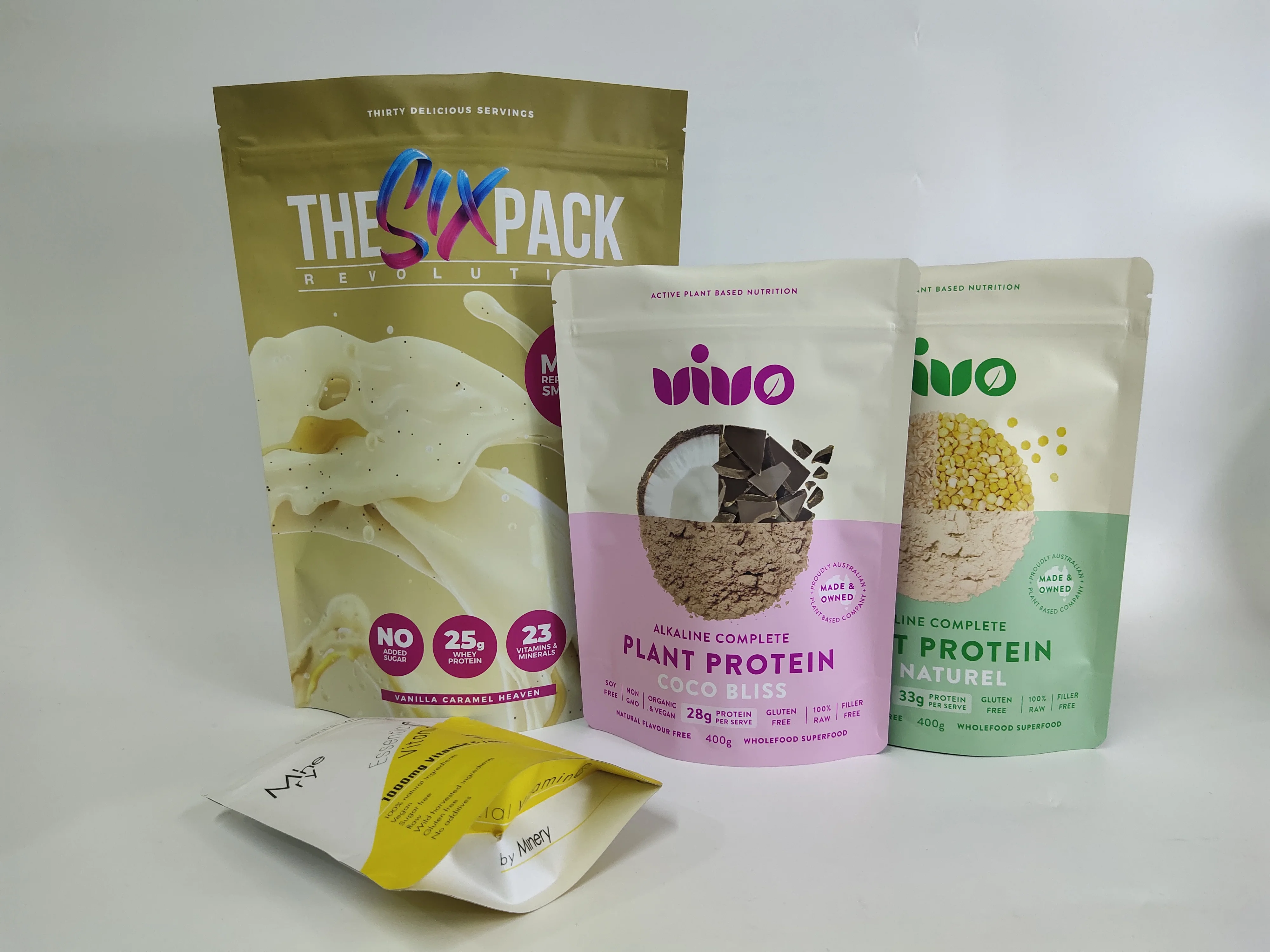 Digital print MOQ 500pcs different types plastic whey protein packaging bags stand up aluminum foil whey protein powder bags
