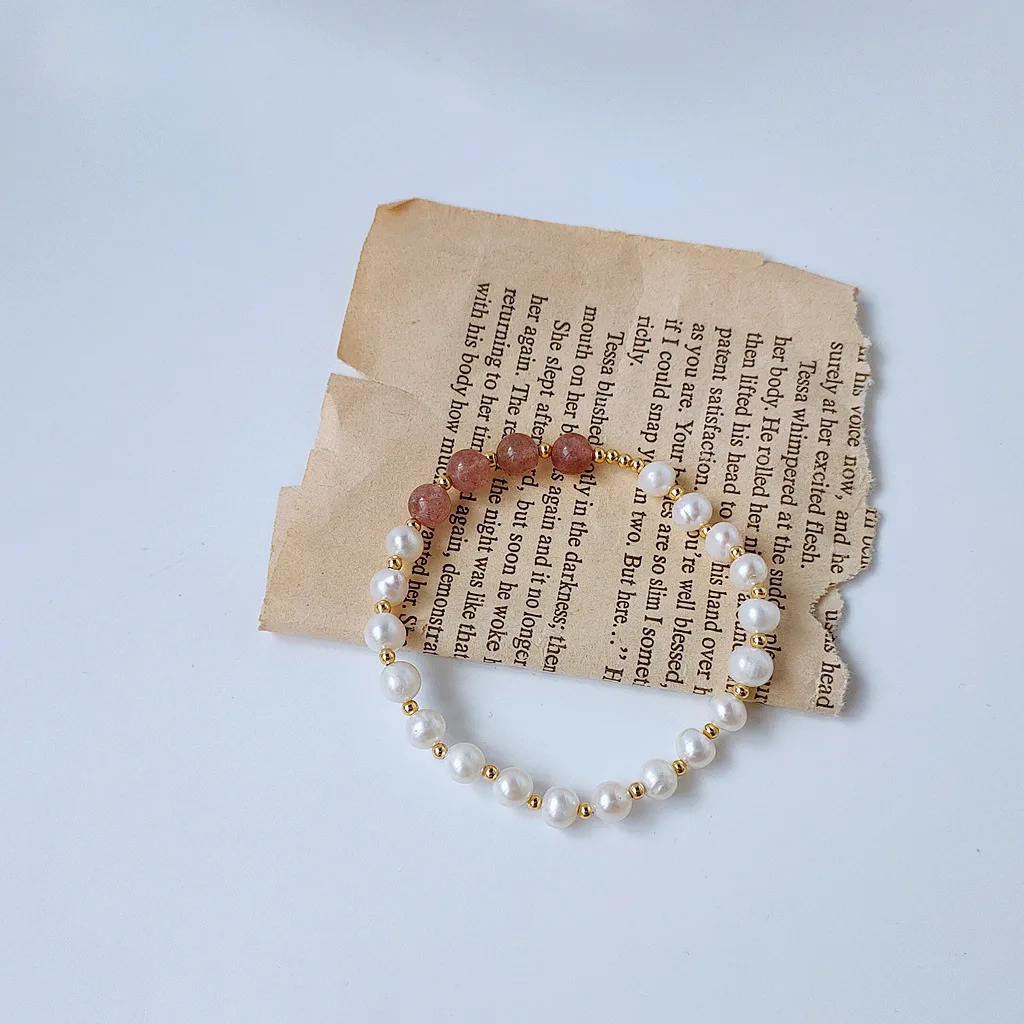 Natural fresh water pearl strawberry crystal joker elastic thread adjustable bracelet for women