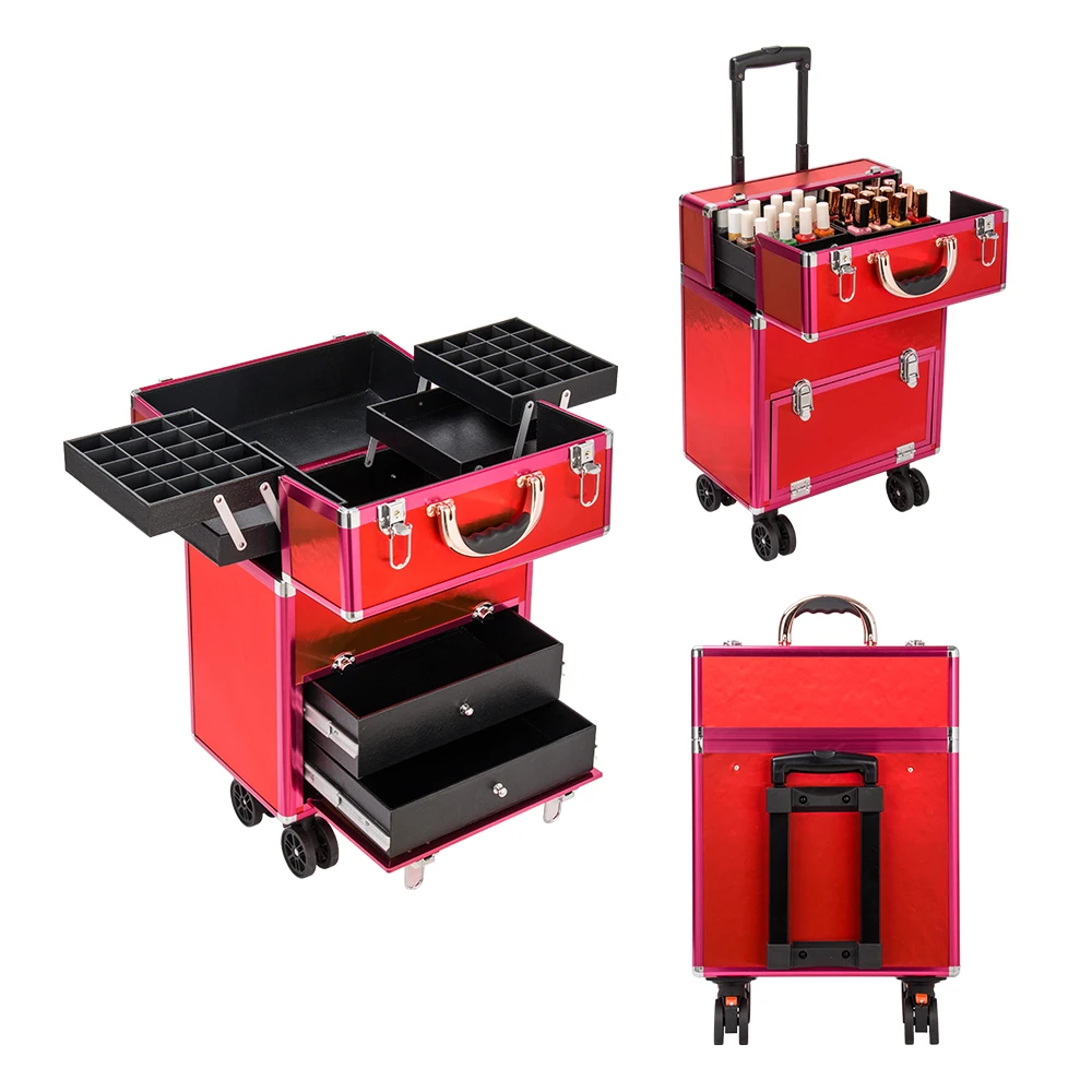 Hot Sale Multi-Layer Nail Trolley Box Rose Gold Large Capacity Makeup Nail Organizer Trolley Case