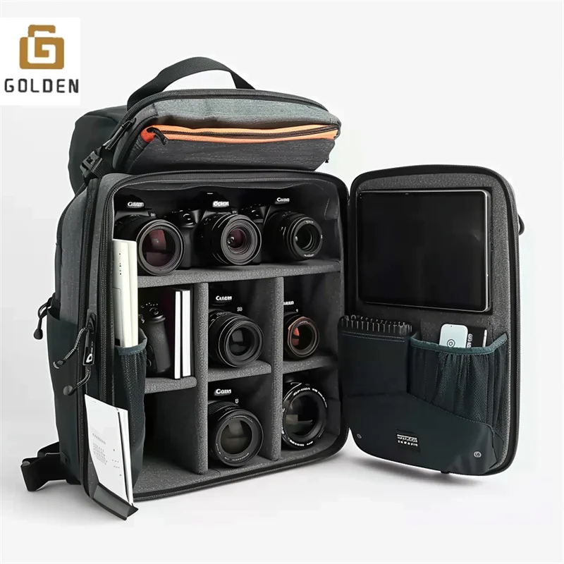 Golden Waterproof Practical Camera Canvas School Bags Removable Compartment Digital Camera Lens Protection Backpack Custom Logo