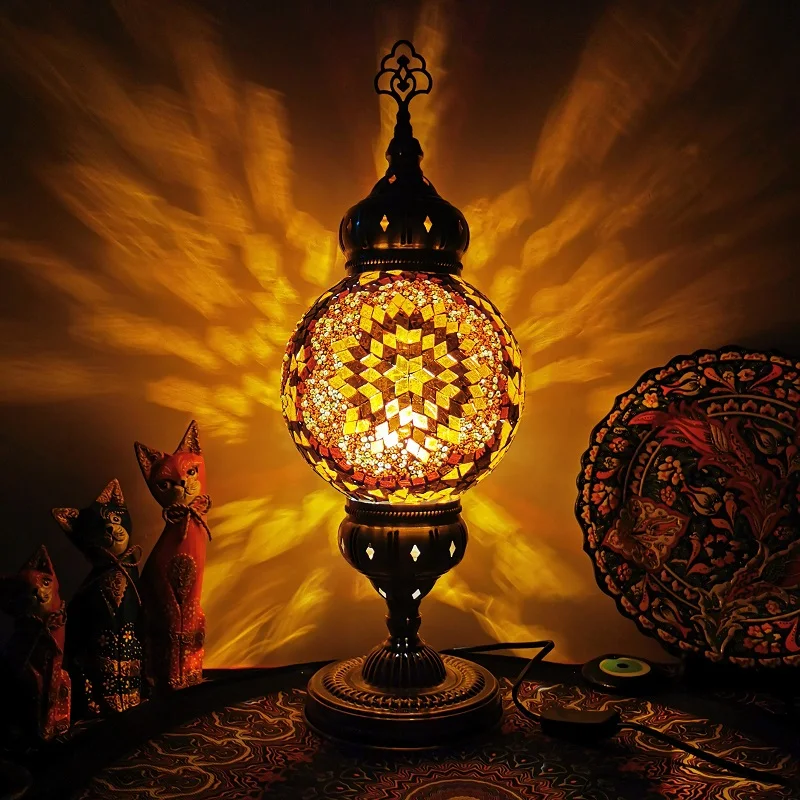 Mosaic lamp hand-cast metal base Turkish table retro bedroom living room dining hotel lighting homestay