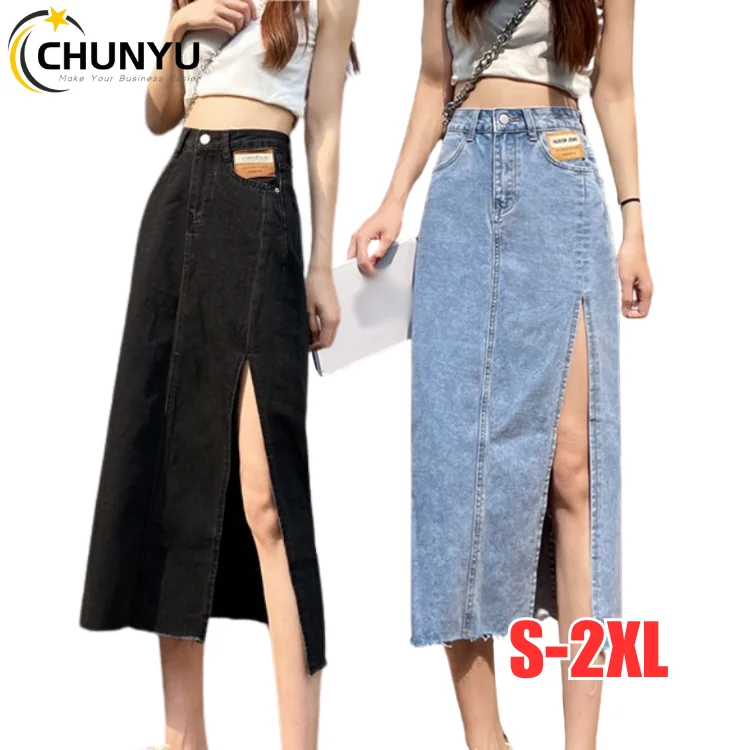 New Fashion Women Slit Denim Long Skirt Dress Zipper Button Retro Pencil High Waist Girls Solid Color Midi Long Casual Skirt