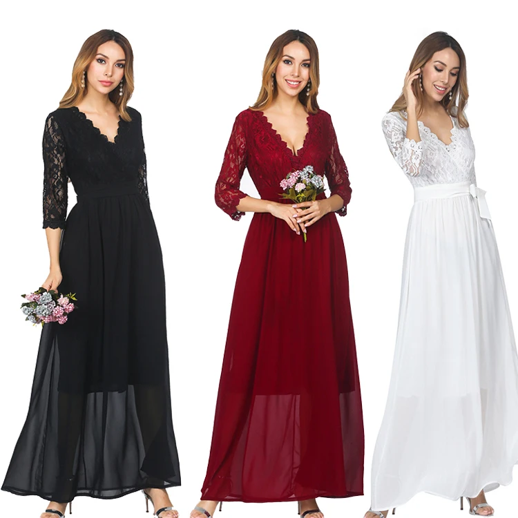 xiziLatest Design 3 Color Fashion V Neck Lace Stitching Chiffon Vintage Evening Beautiful Lady Wedding Dress