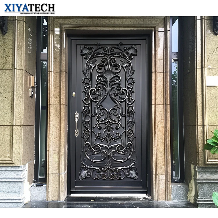 XIYATECH New safety Residential iron single door design front door Tempered Glass House iron wrought door prices