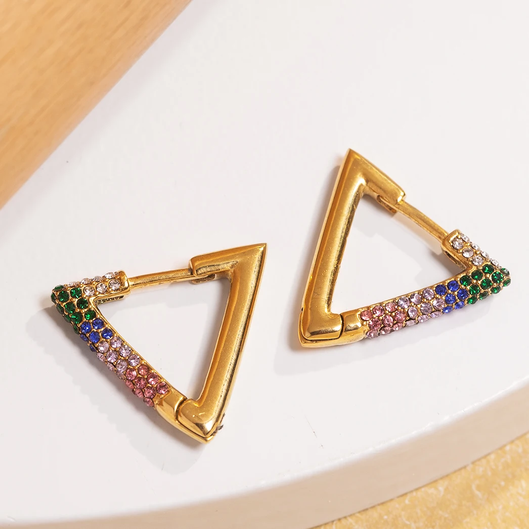 Waterproof Jewelry 18K Gold Plated Triangle Shape Design Geometric Earring Stainless Steel Colors Zircon Inlaid Women Earrings