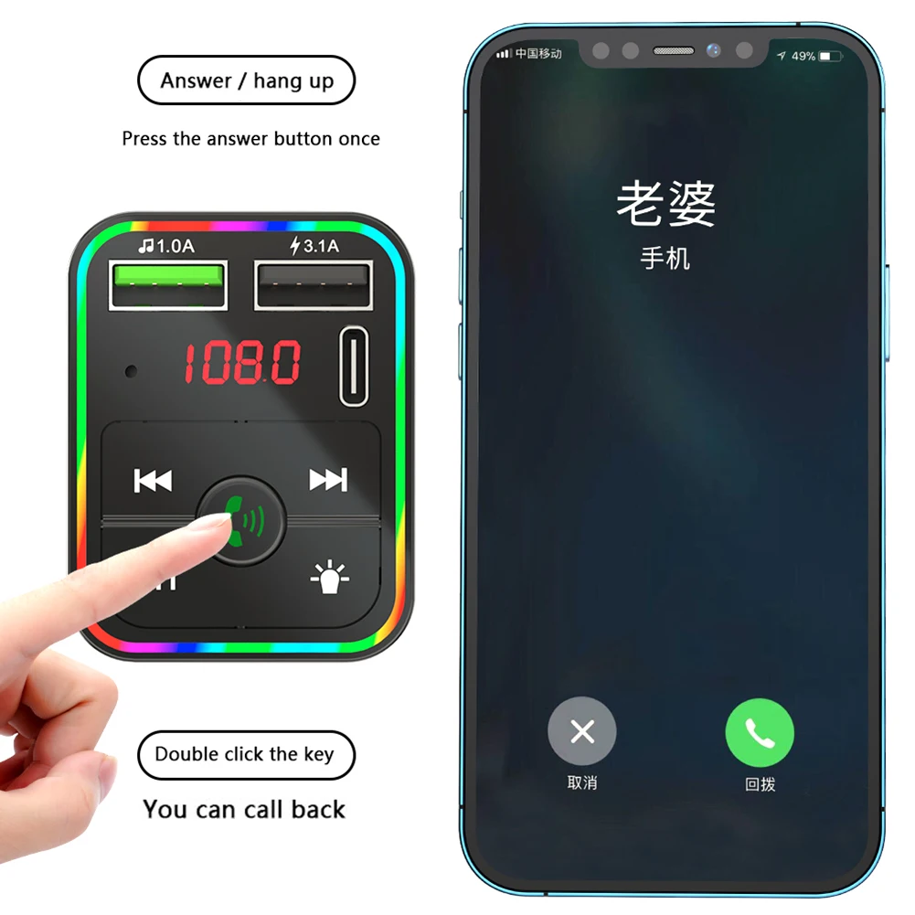 New wireless Car Stereo MP3 player FM transmitter, F2 color LED backlight multifunction FM Car Kit charger