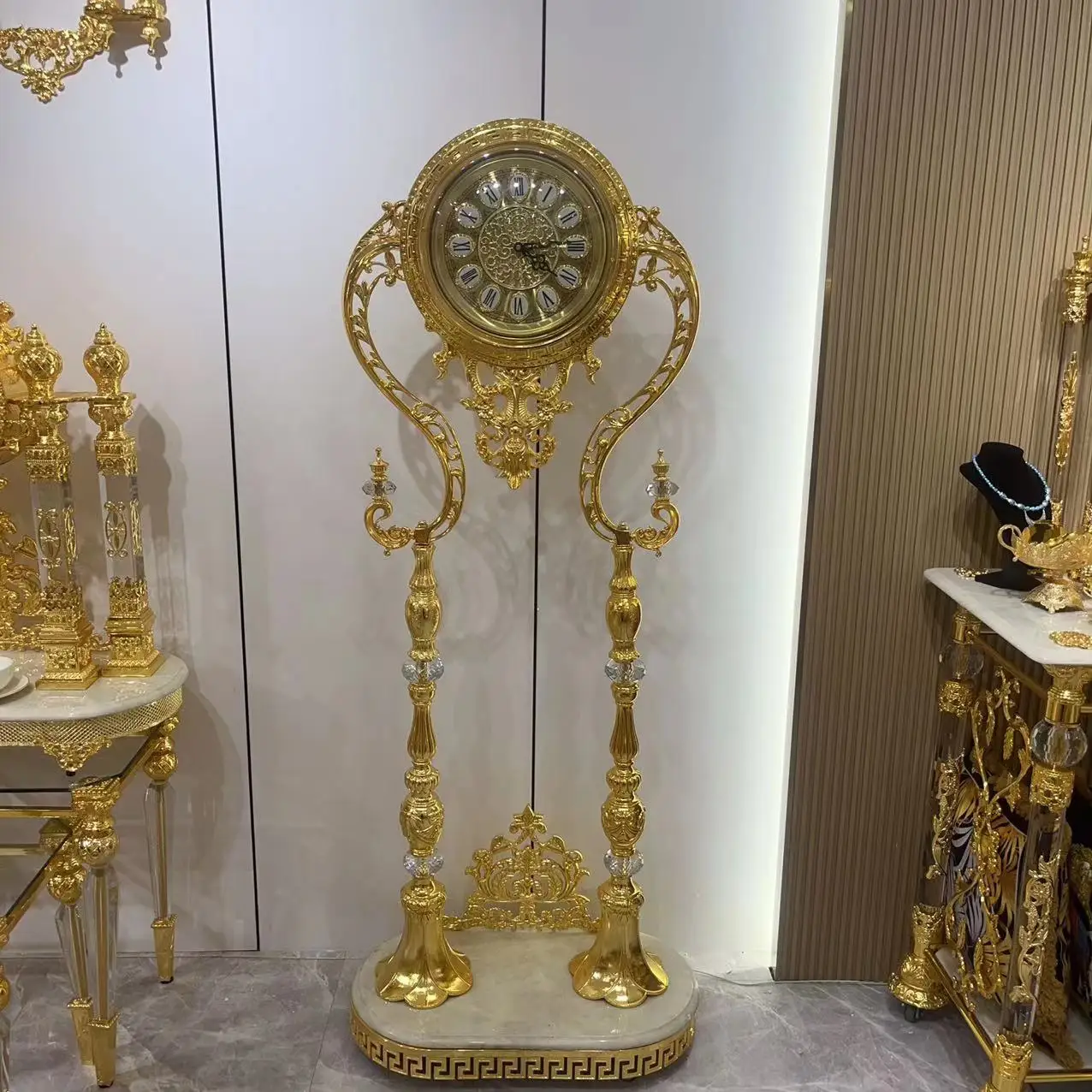 Golden Standing Clock Luxury Vintage Home Floor Clock Crystal Gold Grandfather Clock