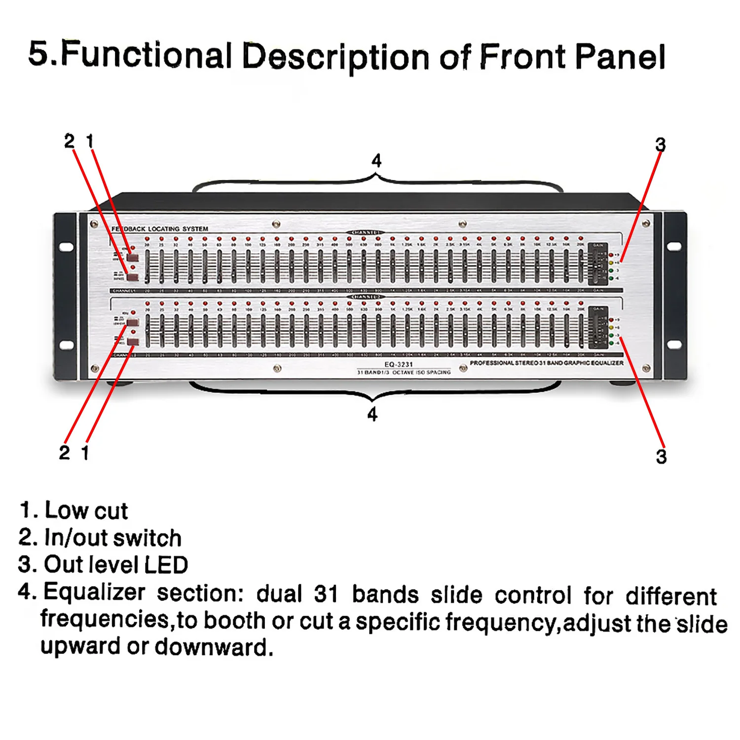 GAX-EQ3231 Dual 31-band Professional Audio Graphic Digital Equalizer with Subwoofer Output 1/3-octave Constant Q Frequency Bands