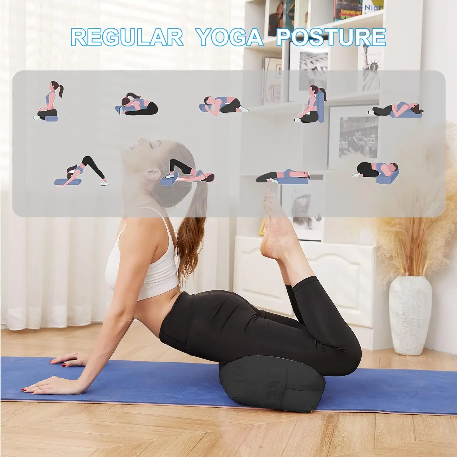 JIKE Yoga Pillow-Yoga Bolster Pillow for Restorative Yoga-Meditation Pillow with Velvet Cover,Filled with Soft Cotton,Black