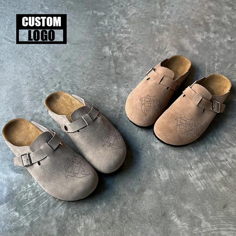 Logo Custom Support New Women Casual Genuine Leather Mules Unisex Clogs Cork Slippers
