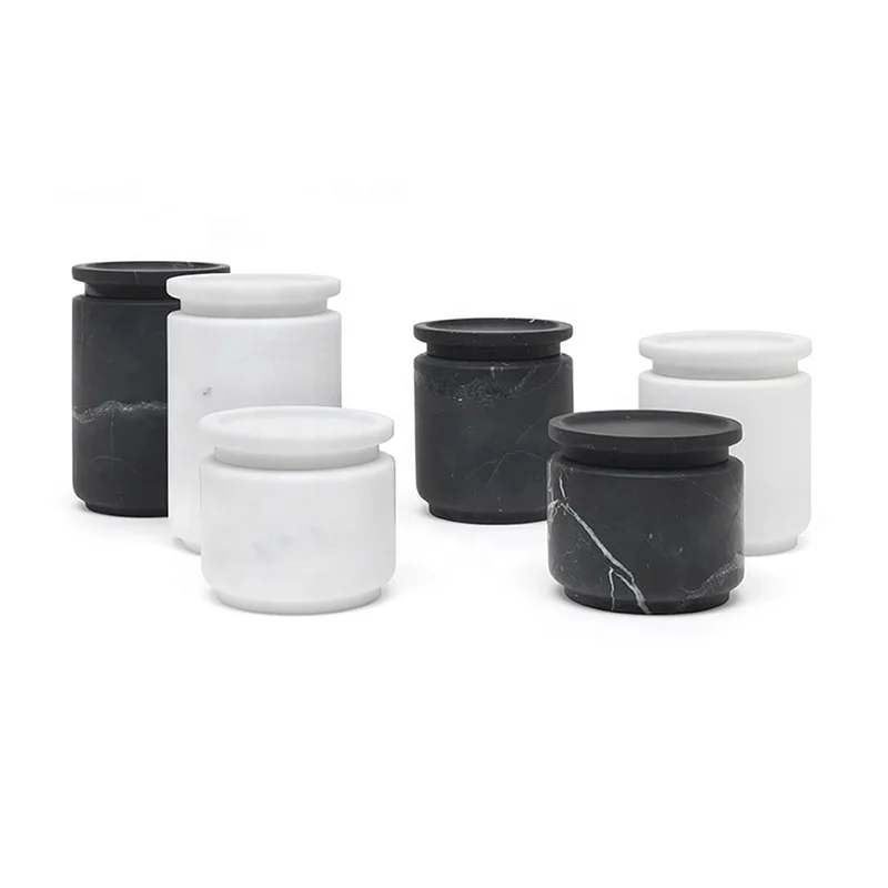 Large Round Arabescato White Marble Container Polished Round Marble Holder With Lids