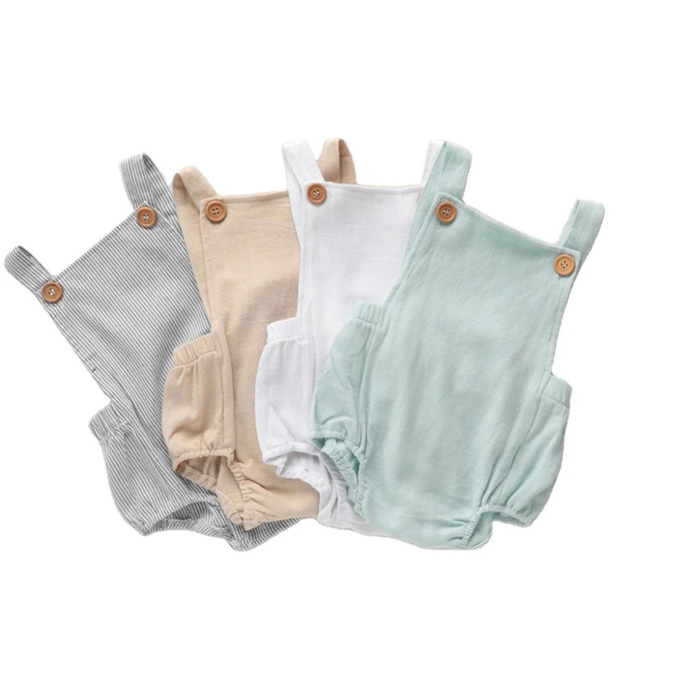 Fuyu 100% Organic linen Cotton sleeveless onesie for babies Buttons Bubble Newborn Baby Rompers Clothes