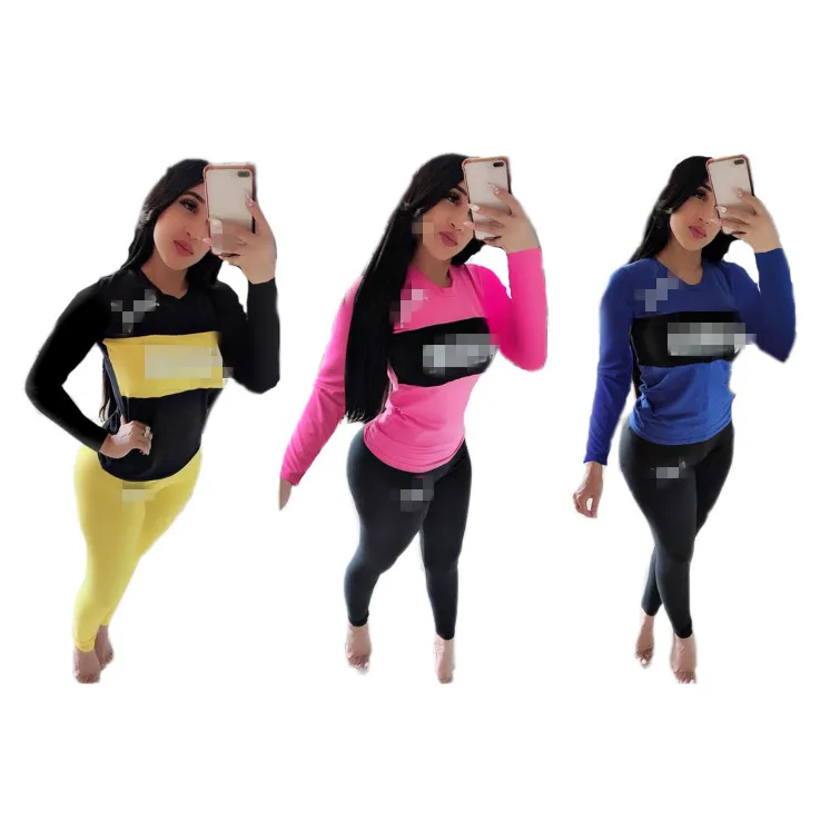 
YM8081 2 piece set women long sleeve fashion o neck solid color letter printed casual two piece set 