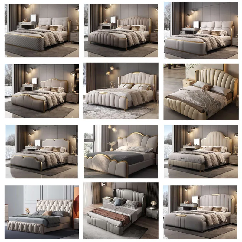 Customized Modern King Size Luxury Bed Frame Lit Complet Leather Master Upholstered Bedroom Furniture Set