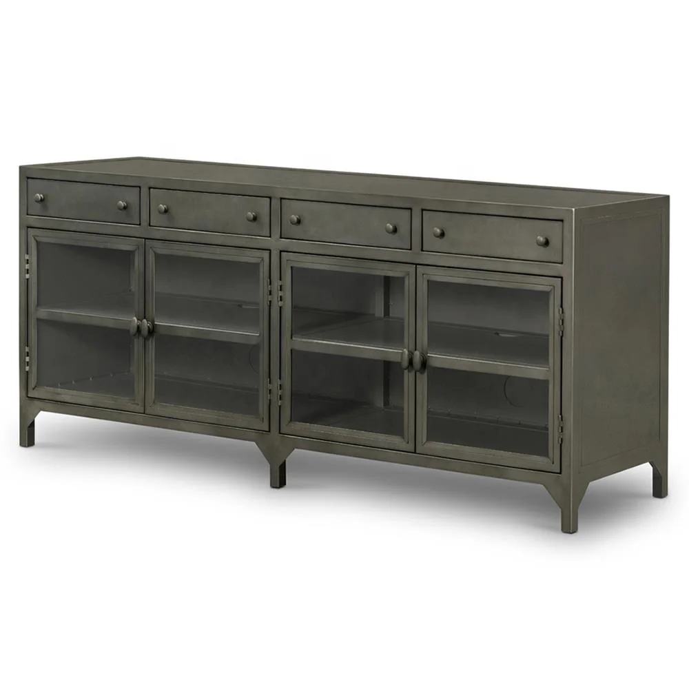 
Vintage Iron TV Unit Industrial Loft Glass Door Iron Metal TV Media Cabinet Low Board Entertainment Media Storage Cabinet 
