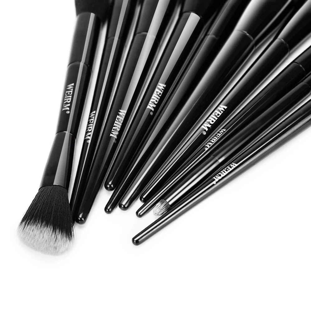 WEIRM 10 pieces custom logo vegan synthetic hair black makeup brush set private label makeup brushes with Sponge brush cleaner