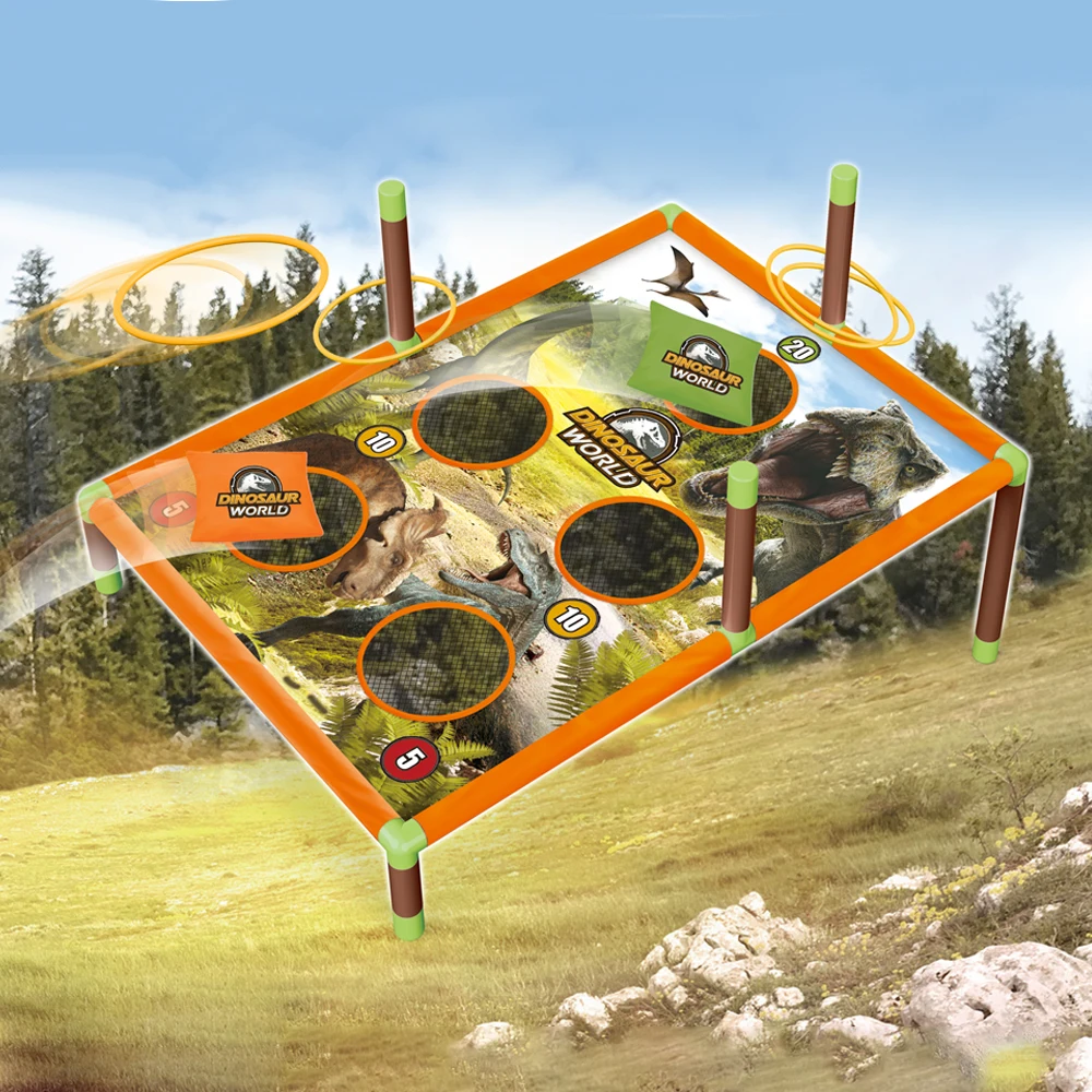 Kids 2 in 1 outdoor sports toss toy dinosaur target earth sand bags and rings throwing game set