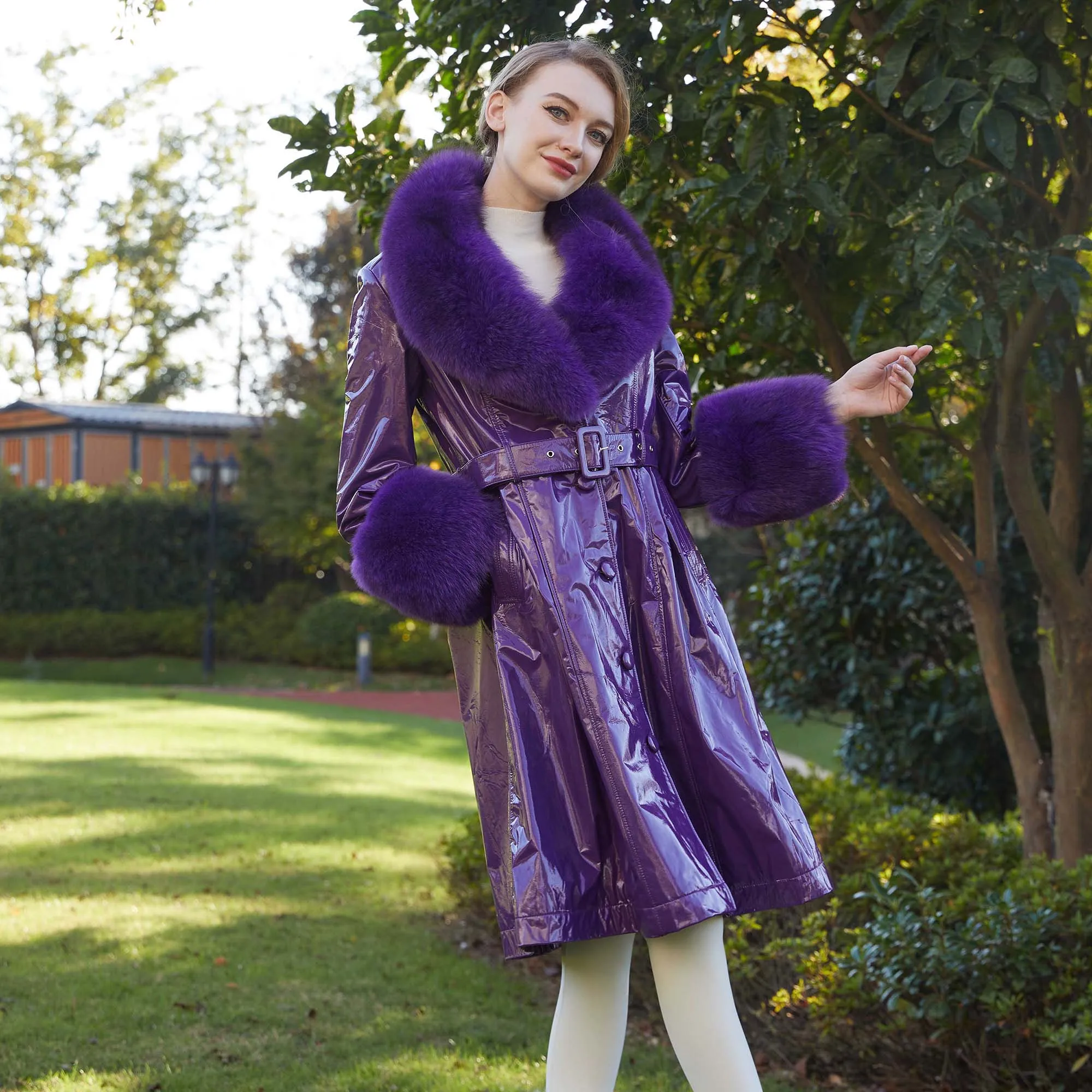 Hot Sale Ladies Long Trench Style Genuine Sheepskin Leather Fur Collar Jacket