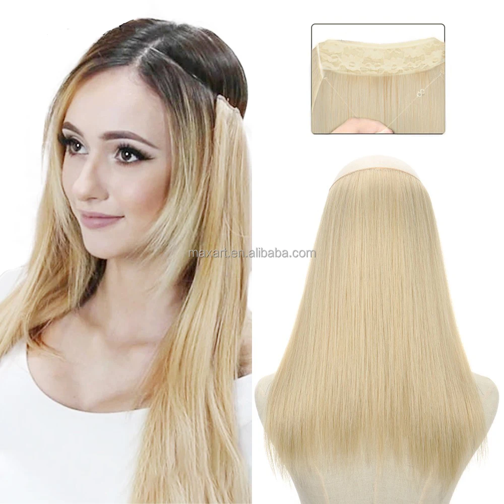 Long Halo Hair Extensions Straight Wavy Curly Synthetic Invisible Wire Hair Piece for Women Heat Friendly Fiber No Clip