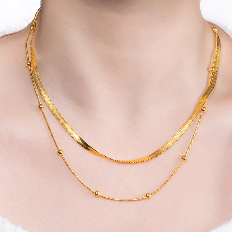 Euro America Unisex Double-Layered Stainless Steel Necklace Gold Plated Vintage Style Link Chain for Gift Jewelry for Women