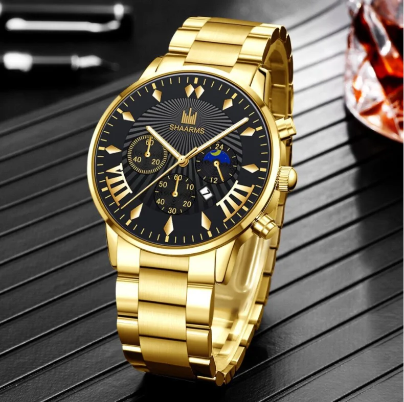 Мужские Роскошные наручные часы с тремя глазами, деловой календарь, стальной ремешок, кварцевые часы