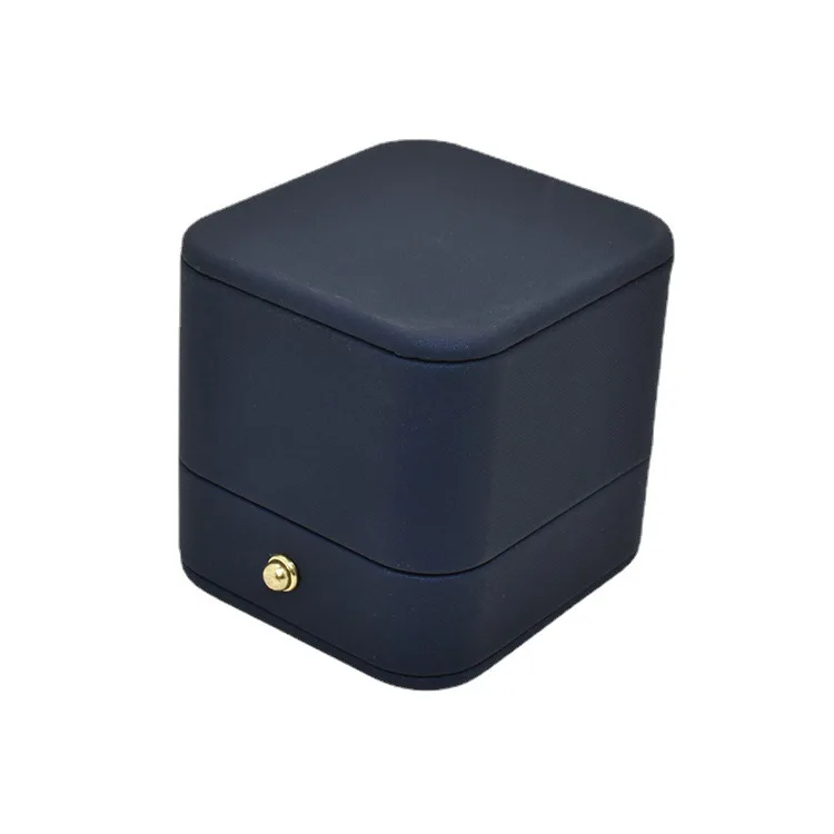 High-end wholesale Navy PU leather ring box with button custom logo jewelry box for ring earring