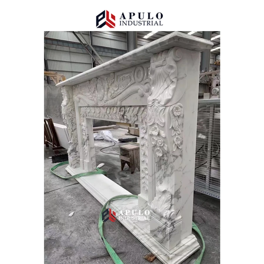 Two Tiers Natural Stone Carving Cultured Surround Black White Beige Electric Marble Slab Fireplace Mantel Griotte With Cherub