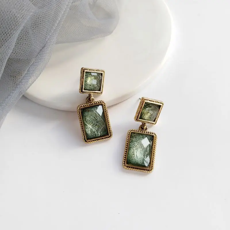 High quality elegant gemstone earrings retro square Emerald drop earring studs for women