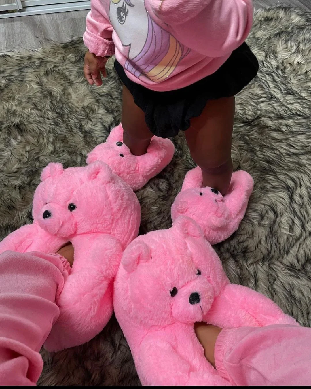 Lovely Plush mommy and me teddy bear slippers Kid animal shoes adult slides for women and girls