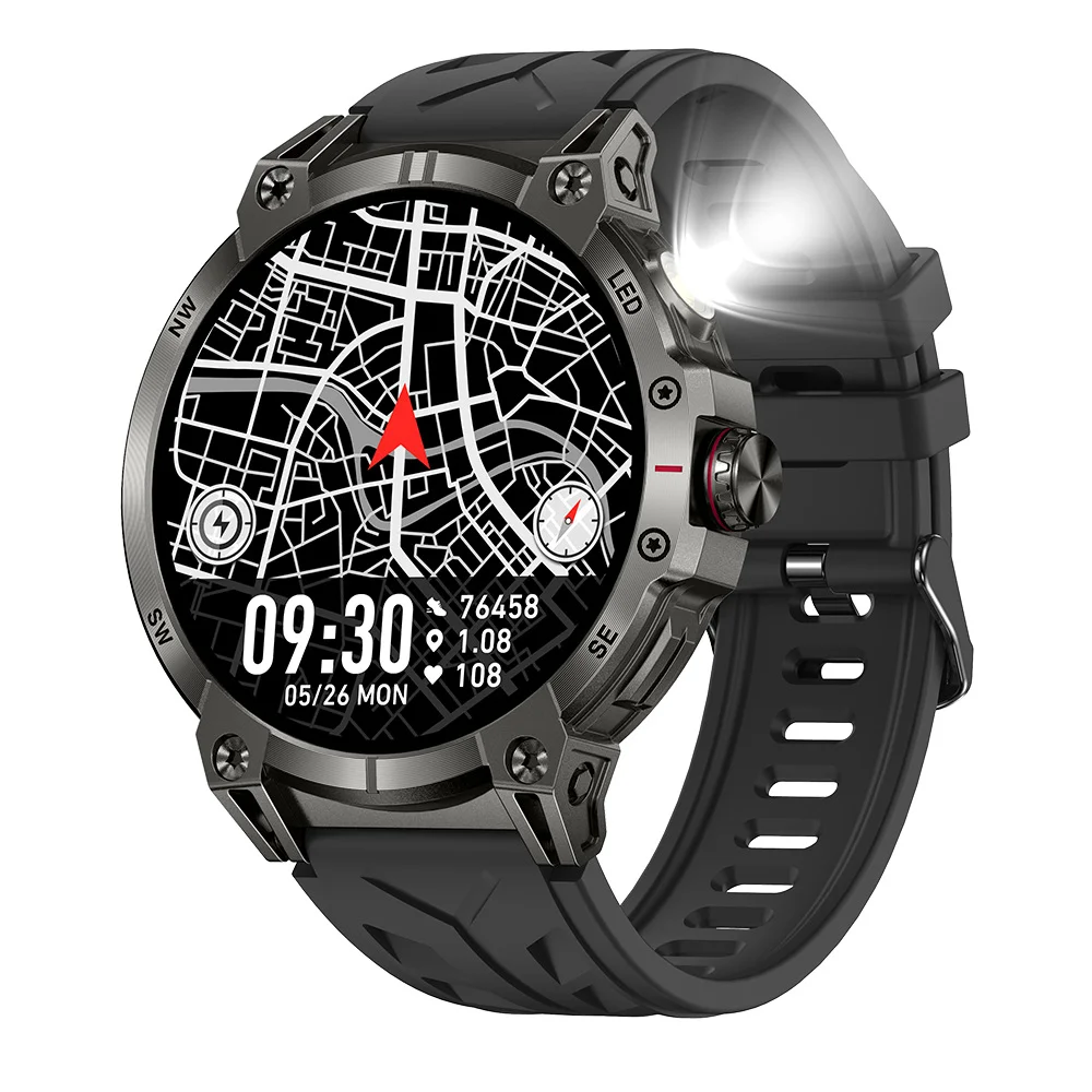2024 KC89 Smart Watch for Men IP68 Waterproof BT Call 1.85Inch Round Screen Outdoor Flashlight Smartwatch 760mah Battery