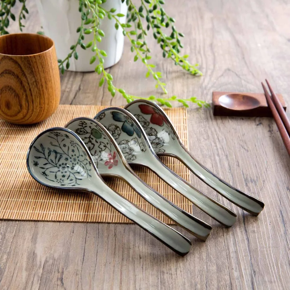 1Pc Ceramic Dinner Spoons Soup Spoon Tea Coffee Spoon Handle Dessert Candy Tableware Kitchen Cutlery Chinese Style