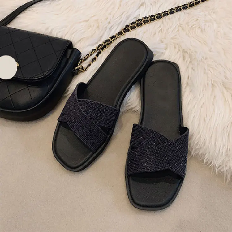 2021 Custom New Indoor Non-slip Sandals Flat Ladies Fashion Sequin Ball Slide Slippers