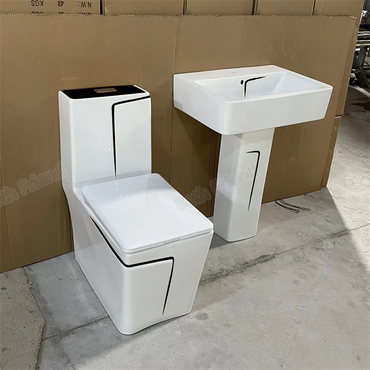 Square Black Color Toilets Black Line Decoration MID-East Hot Sell S-Trap and P-Trap Ceramic Toilet