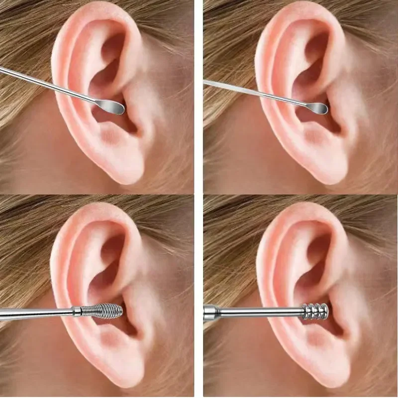 Stainless Steel Earwax Removal Kit with Storage Leather Bag Portable Spring Ear Spoon Picking Cleaner Tool Ear Care 6PCS Set