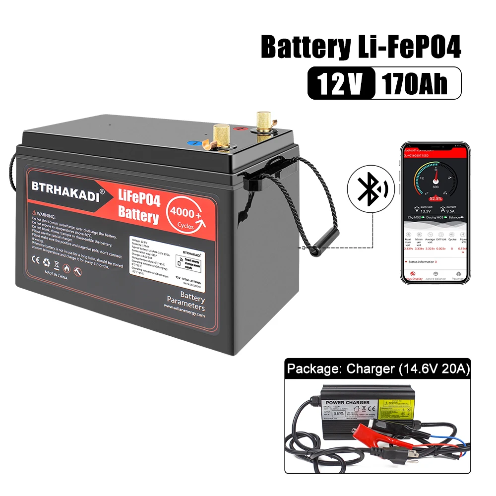 12V 170Ah Lifepo4 Rechargeable Battery Pack With Build-in smart BMS For Solar System, RV, Boat High Waterproof EU RU Stock