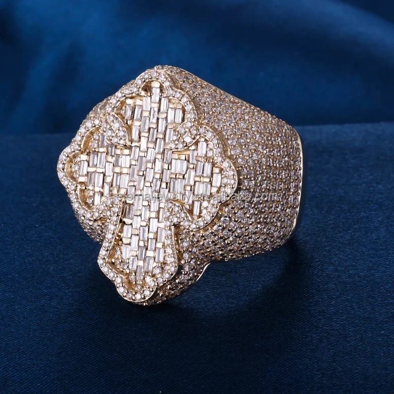 Custom Mens S925 Silver 10K 14K 18K Solid Gold Yellow Iced out D VVS Moissanite Baguette Lab Diamond Hiphop Cross Ring