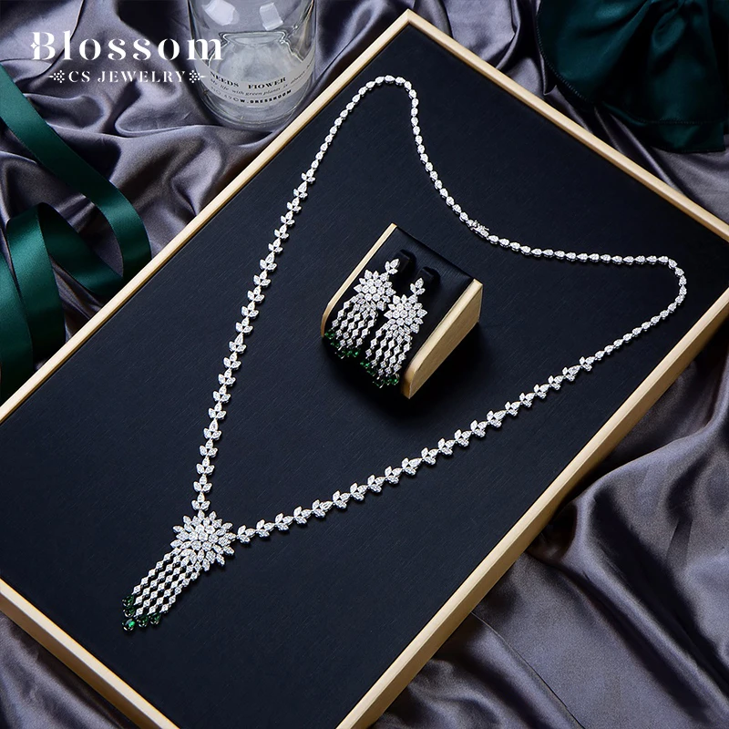 China Wholesale Dubai Ladies Long Chain Necklace Cz White Zircon Precious Stone Women 100% Fine 925 Sterling Silver Jewelry Sets