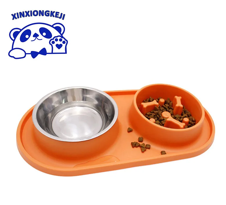 Pet Double Slow Feeder Food Water Bowls Stainless Steel Custom Outdoor Silicone Pet Double Bowl