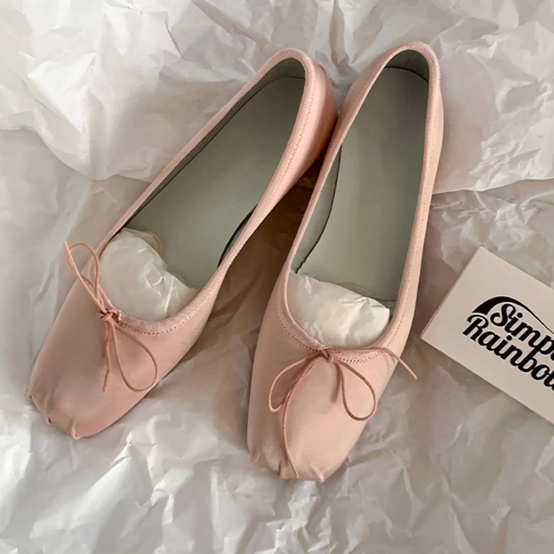 Square head French dancing shoes bow shallow mouth ballet shoes girls fiber single summer Eva Flats Low Top