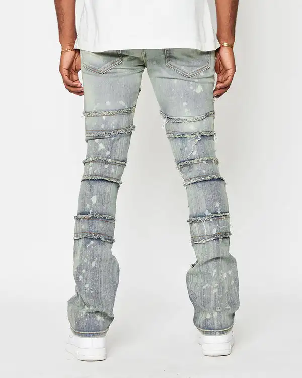 Men Patch Washed stacked denim Slim Ripped Pants mens loose fitting long super flare baggy stacked jeans pants detressed blank