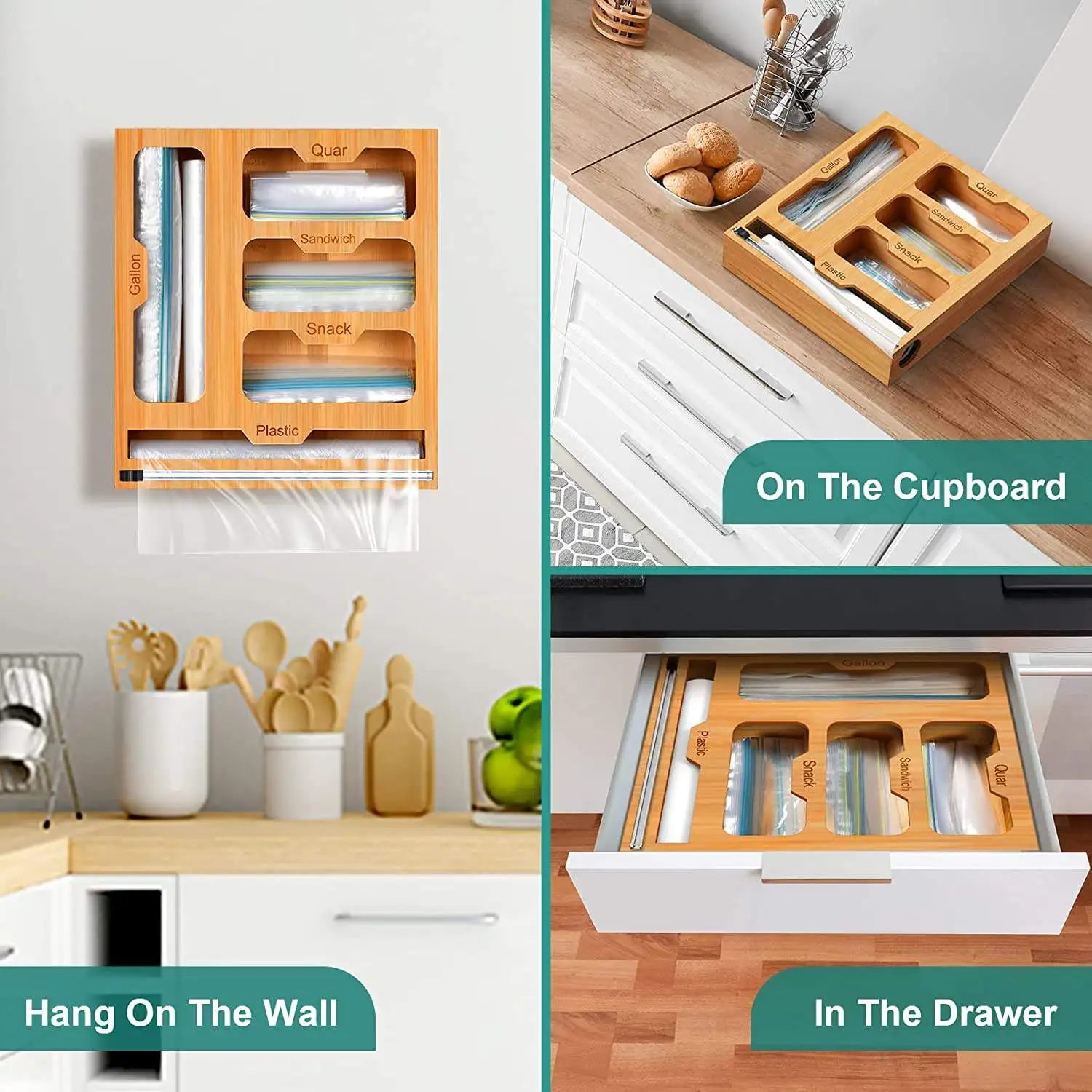 Hot selling Customized 5 In 1 Bamboo Ziplock Bag Roll Storage Organizer Plastic Foil Wrap Organizer Suitable For Kitchen Drawer