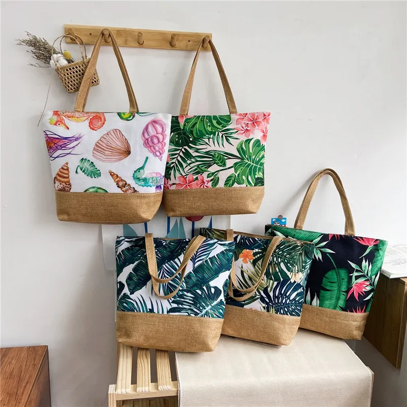 China Factory Canvas Gift Handbag Tropical Print Souvenir Tote Beach Bag