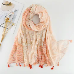 New ethnic style cotton and linen feel ladies scarf orange cashew wheat ear tassel seaside travel beach towel