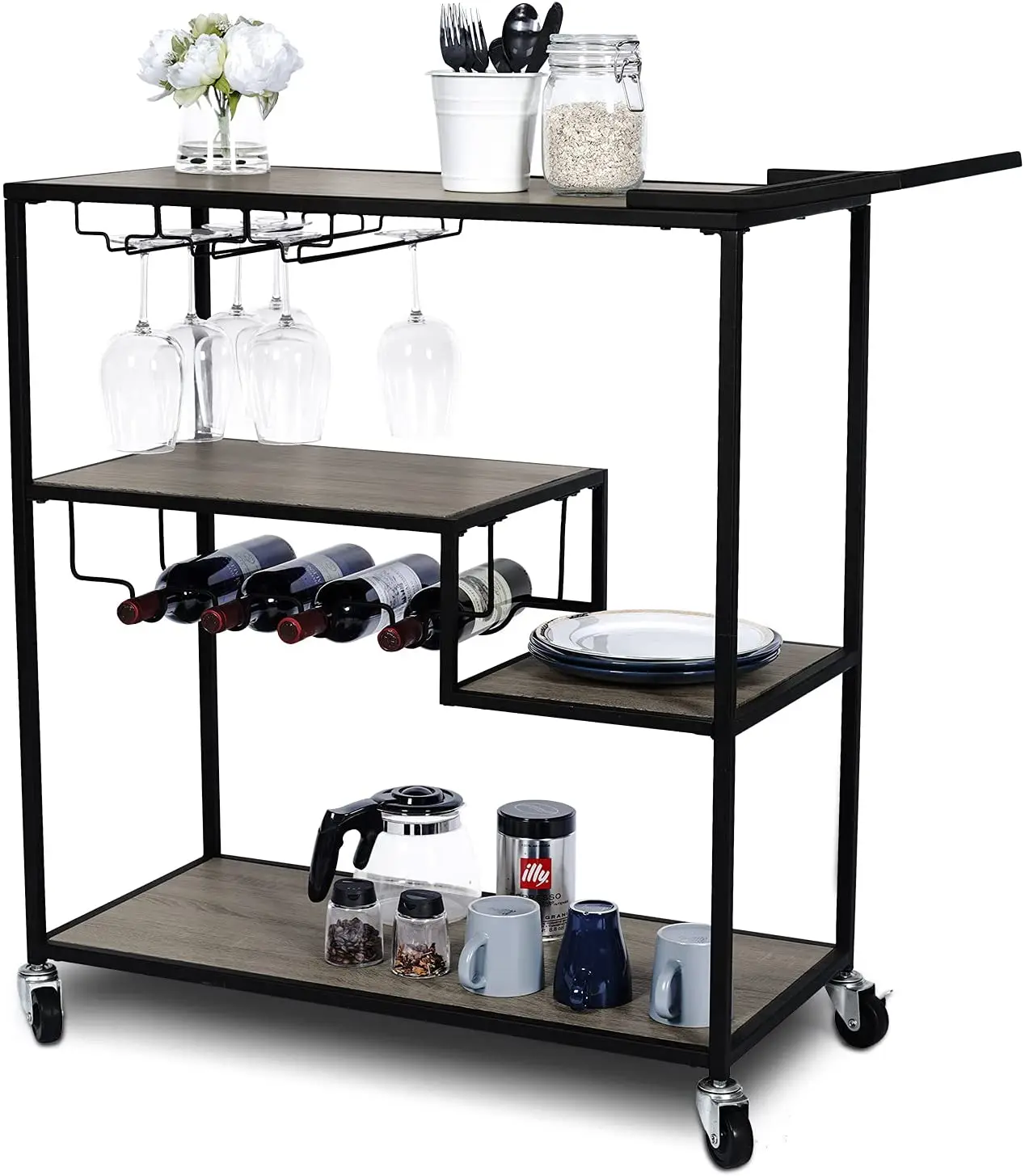 Hot Sale Customizable Rolling Trolley Industrial Kitchen Bakers Rack Coffee Bar Home Bar Cart Utility Storage Shelf