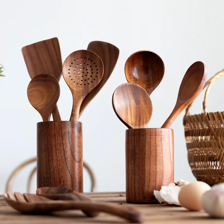 Wooden Utensils Set For Kitchen Handmade Natural Teak Cooking Spoons Wooden Spatula For Nonstick Cookware