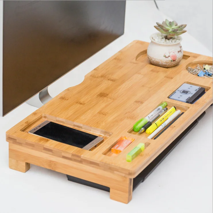 Bamboo Monitor Stand Riser with Drawers, Sturdy Desk Organizer Laptop Stand with Keyboard Storage, Office Computer Accessories