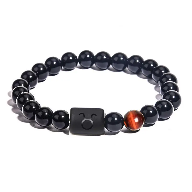 8mm Gem Bracelets 12 Star Sign Constellations Horoscope Lucky Beaded Bracelet Natural Crystal Stone Black Onyx Stone Bracelet