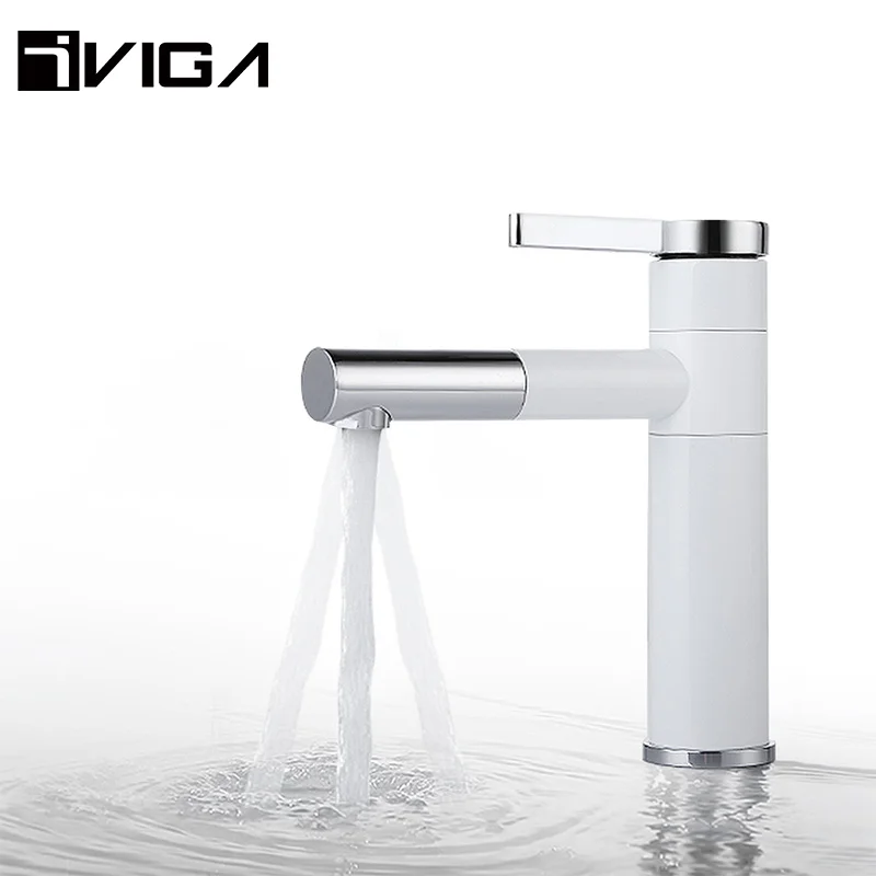 Deck Mounted Swivel Spout Hand Wash Tap 35MM Ceramic Cartridge Polished Chrome White Basin Mixer